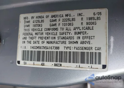 2005 Honda Accord 2.4 Ex z USA, uszkodzony, nr VIN 1HGCM567X5A167388